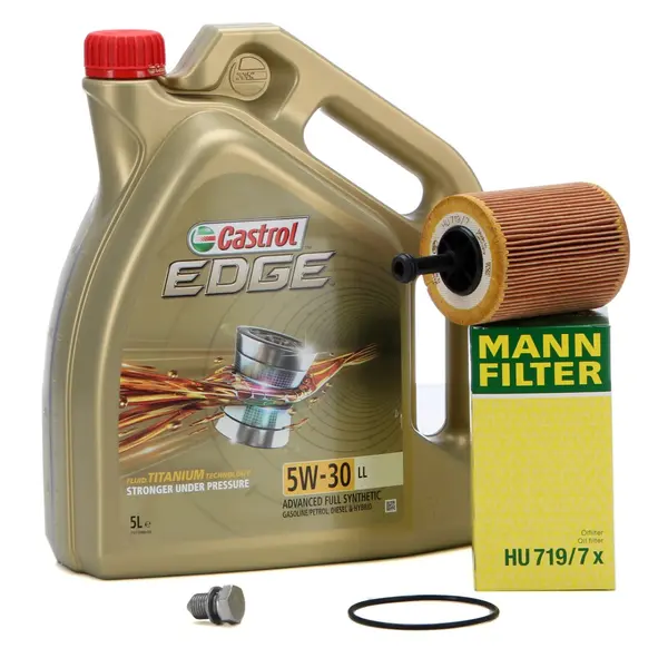 Set Ulei Motor Castrol Edge LL 5W-30 5L + Filtru Ulei Mann Filter HU719 7X + Buson Golire Baie Ulei Oe Audi A2 2000-2005 N90813202