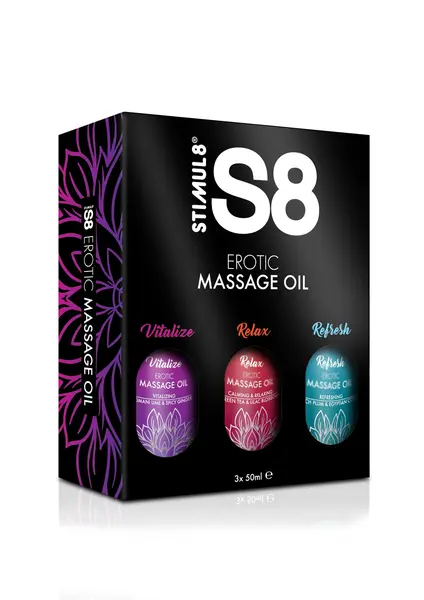 Set uleiuri de masaj S8 – Massage Oil Box, hidratare și relaxare cu jojoba, migdale și susan, 3 × 50 ml