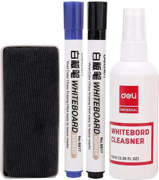 Set universal de tablă albă Deli - E7839, 2 markere, burete, spray