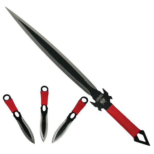 Set vanatoare DEPOX , sabie si set trei cutite aruncat, otel inoxidabil, negru