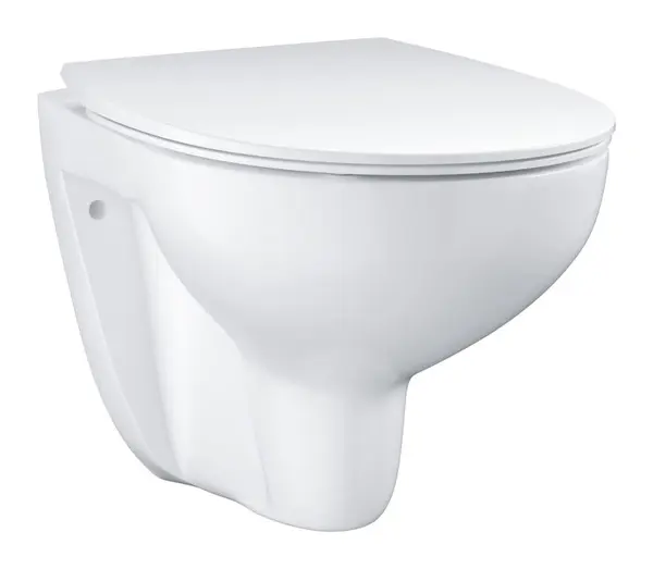 Set vas WC Grohe Bau Ceramic 39899000, suspendat, evacuare orizontala, rimless, capac soft close, ceramica sanitara, Alb