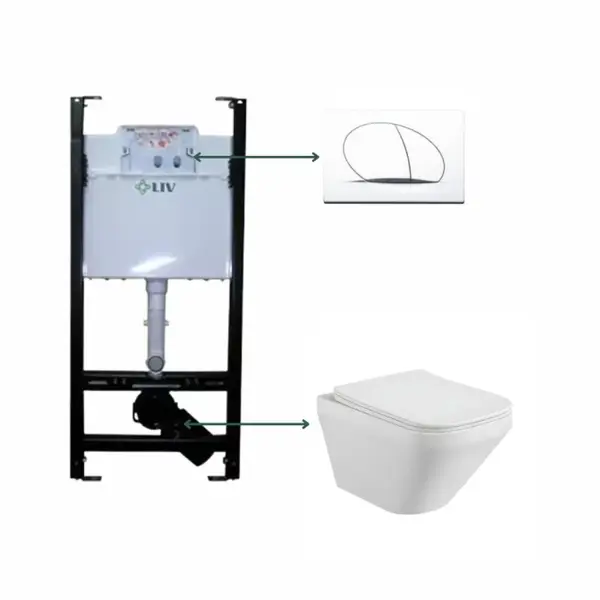 Set vas wc rimless suspendat, dreptunghiular, capac slim softclose, Foglia Bristol, rezervor WC incastrat Liv Jog si clapeta alb mat Selenite Duo