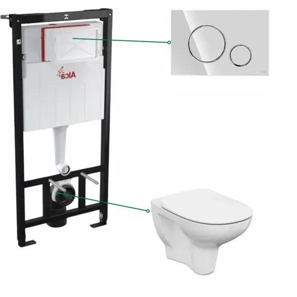 Set vas wc suspendat cu capac soft close Cersanit, rezervor incastrat Alcadrain si clapeta crom lucios