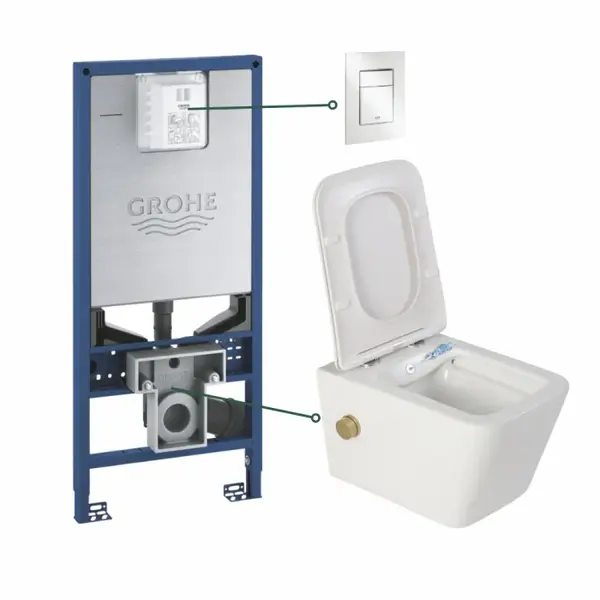 Set vas wc suspendat cu functie bideu alb si baterie inclusa auriu mat Foglia Safari, rezervor wc incastrat si clapeta alb alpin, Grohe