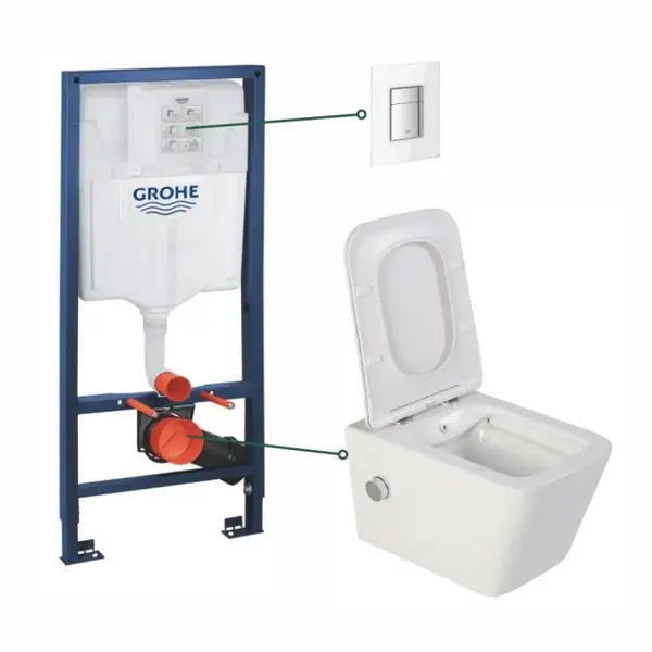Set vas wc suspendat cu functie bideu alb si baterie inclusa crom Foglia Safari, rezervor wc incastrat si clapeta din sticla alba, Grohe