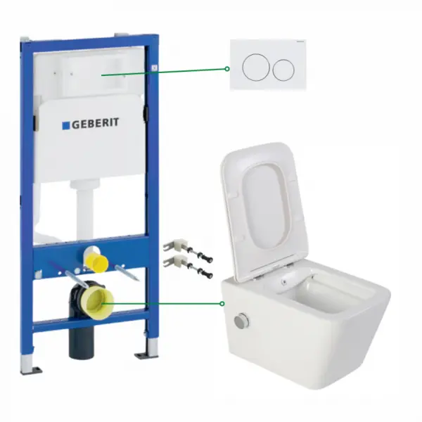 Set vas wc suspendat cu functie bideu si baterie crom Foglia Safari, rezervor incastrat si clapeta alb lucios, Geberit Delta