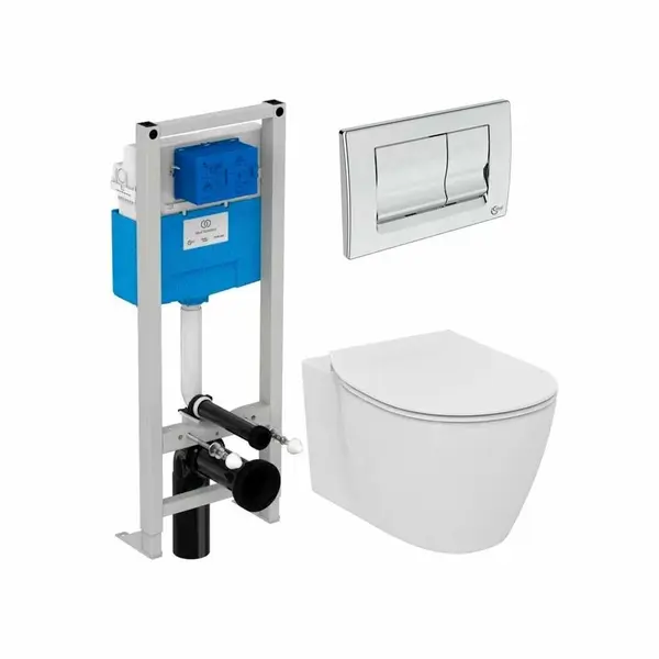Set vas wc suspendat Ideal Standard Connect Air AquaBlade cu capac soft close, rezervor incastrat si clapeta crom