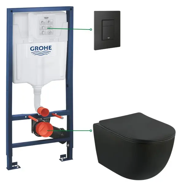 Set vas wc suspendat negru mat cu capac soft close Foglia, rezervor incastrat Grohe Solido 3 in 1 cu clapeta neagra mata Even