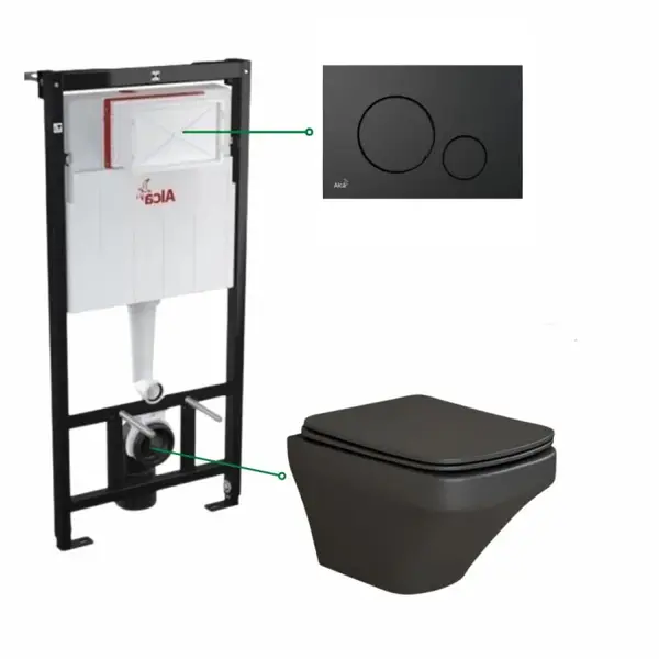 Set vas wc suspendat negru mat,rimless, Foglia Bristol si rezervor incastrat cu clapeta de actionare neagra, Alcadrain