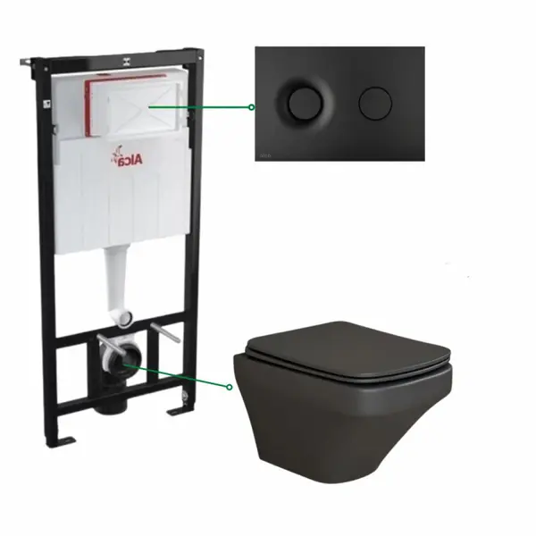 Set vas wc suspendat negru mat,rimless, Foglia Bristol si rezervor incastrat cu clapeta de actionare negru mat, Alcadrain