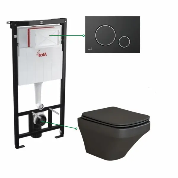 Set vas wc suspendat negru mat,rimless, Foglia Bristol si rezervor incastrat cu clapeta de actionare neagra cu detalii argintii Alcadrain