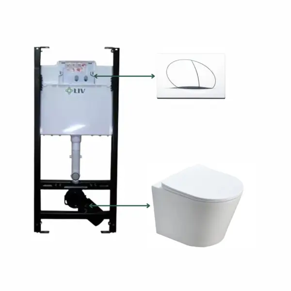 Set vas wc suspendat rimless cu capac quick release si soft close, alb, Fluminia Clementina si rezervor incastrat Liv Jog cu clapeta alba mata Selenite Duo