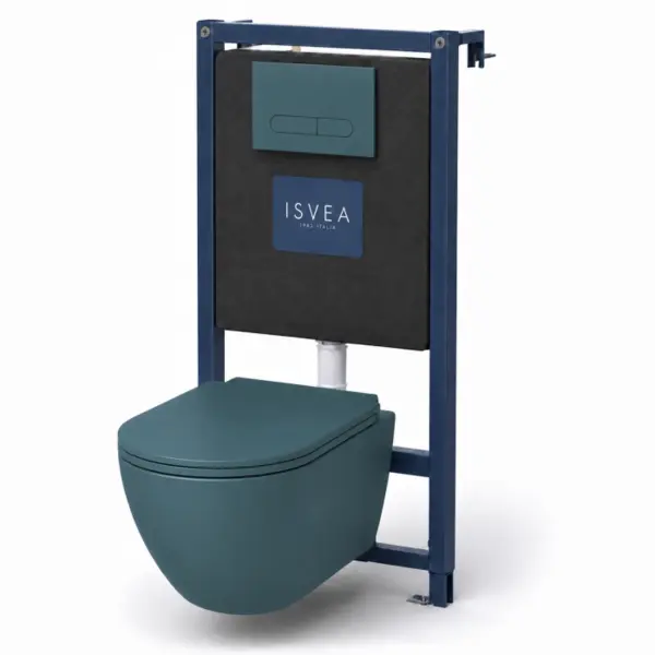Set vas WC suspendat verde smarald rimless Sapho Infinity cu rezervor incastrat Isvea si clapeta verde smarald mat