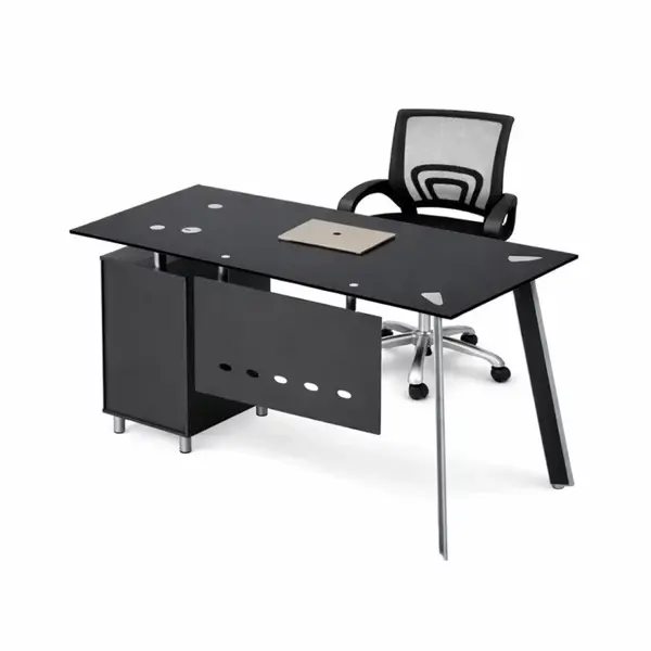 Set Venus & FlexiPro - Birou cu blat din sticla,dulap lateral fix si Scaun de birou ergonomic cu spatar mesh