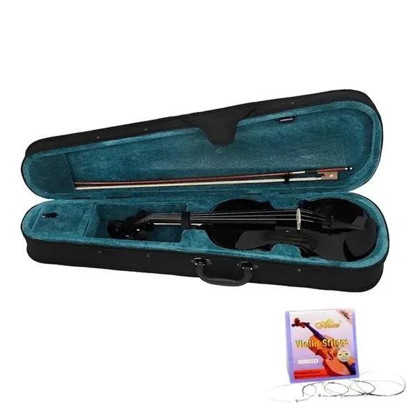 Set vioara clasica din lemn pentru copii 1 8 si set corzi, DEPOX , 43 cm, finisaj lucios negru