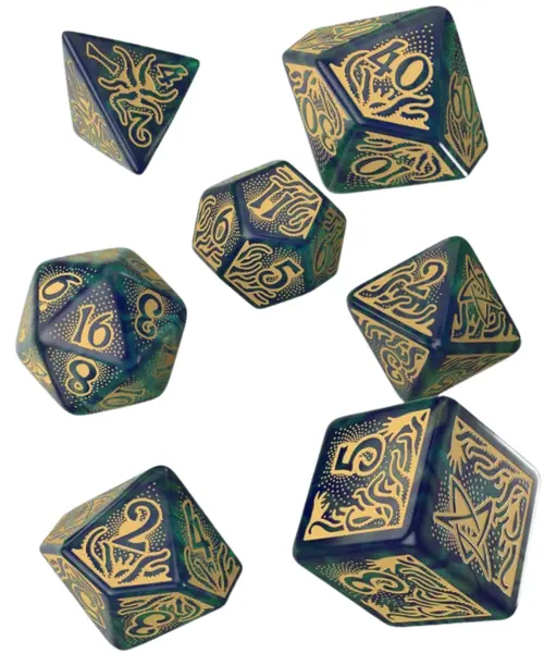 Set zaruri Q-Workshop – Call of Cthulhu 7th Edition: Blue-Green & Gold Dice Set (7 bucăți)