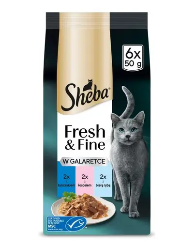 SHEBA Fresh & Fine în jelly Hrană umedă completă pentru pisici adulte cu ton, somon și pește alb 6×50 g