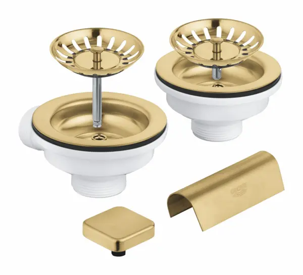 Sifon chiuveta bucatarie Grohe, universal, ornament buton, pentru 2 cuve, mat, auriu, 40999GN0