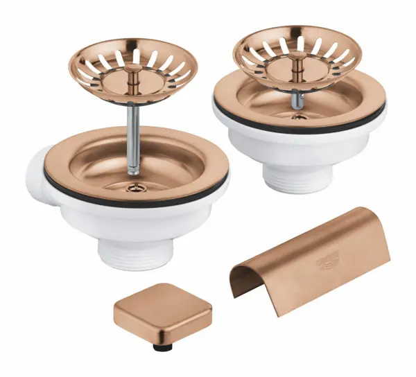Sifon chiuveta bucatarie Grohe, universal, ornament buton, pentru 2 cuve, mat, cupru, 40999DL0
