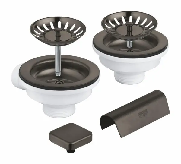 Sifon chiuveta bucatarie Grohe, universal, ornament buton, pentru 2 cuve, mat, grafit, 40999AL0