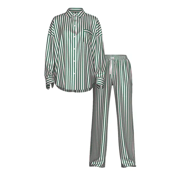 Signature satin oversized long pajama set - prettiest pine & angel pink stripes M