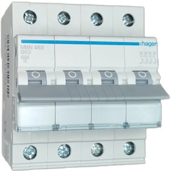 Siguranta automata 4P, 63A, 6kA, curba B Hager MBN463