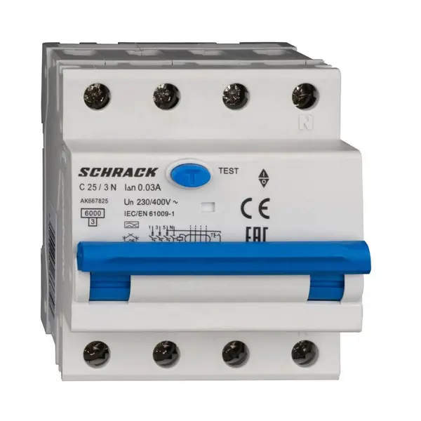 Siguranta automata diferentiala 3+N, 6kA, AMPARO, C 25A, 30mA, tip A, SCHRACK AK667825