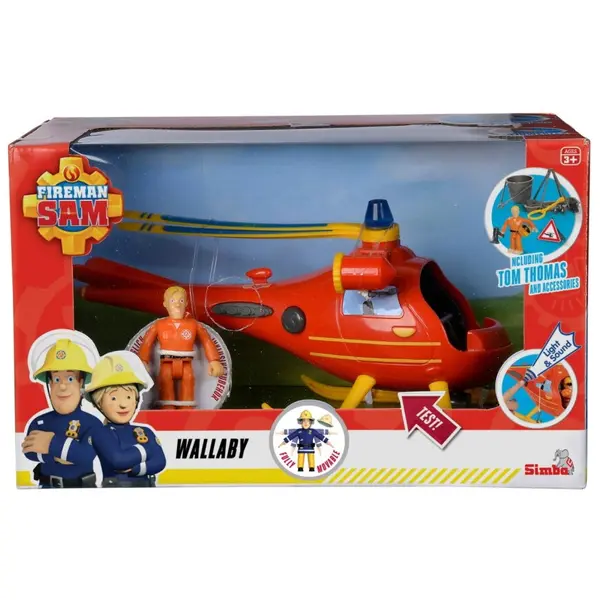 SIMBA Elicopter de jucarie SIMBA Helicopter Fireman Sam Wallby cu figurina, Sunet si Lumini, Figurina Tom Thomas