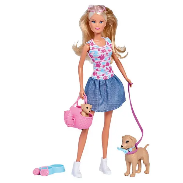 SIMBA Papusa Simba Steffi on a walk with dogs, 29 cm, cu catei