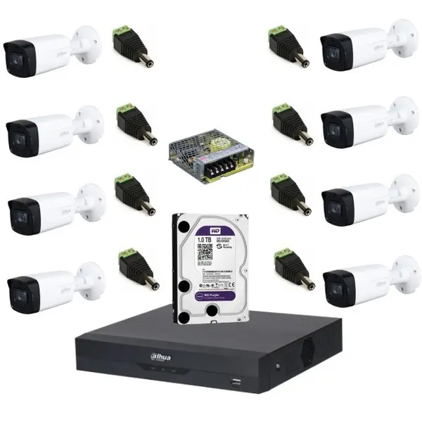 Sistem complet de supraveghere Dahua DH-8CEXT80M-5MPS HDCVI cu 8 camere de exterior de 5MP, IR 80m, Starlight, 16:9