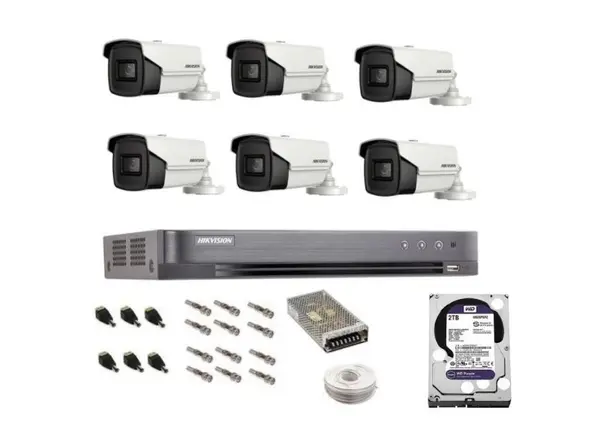 Sistem complet de supraveghere profesional Hikvision 6 camere IR60m, DVR 8 canale Turbo HD, inregistrare 4K, HDD 2 Tb, 100 m cablu CCTV, vizualizare pe telefon