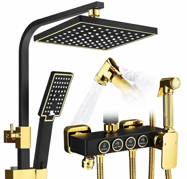 Sistem de dus premium cu 4 functii cap tip ploaie para dus si baterie cu control butoane finisaj negru auriu