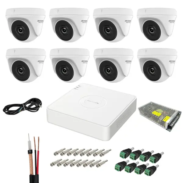 Sistem de supraveghere Hikvision Hiwatch cu functii inteligente, 8 camere, 5MP, Infrarosu 20m, DVR, Accesorii montaj incluse, Vizualizare imagini pe mobil