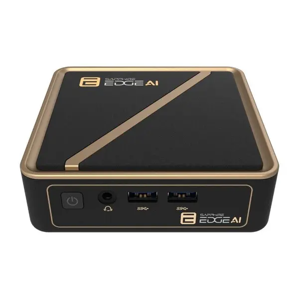 Sistem Desktop Mini PC Sapphire Edge AI 340, AMD Ryzen AI 5 PRO 340, AMD Radeon 840M, 16GB RAM, 1TB SSD, NoOS, Negru/Auriu