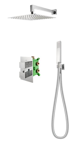 Sistem dus 6 in 1 termostatat Stabilla 8, BOX cu baterie termostatata incastrata 2 iesiri, cap dus fix, brat, para, furtun si racord pentru baterie incastrata, crom