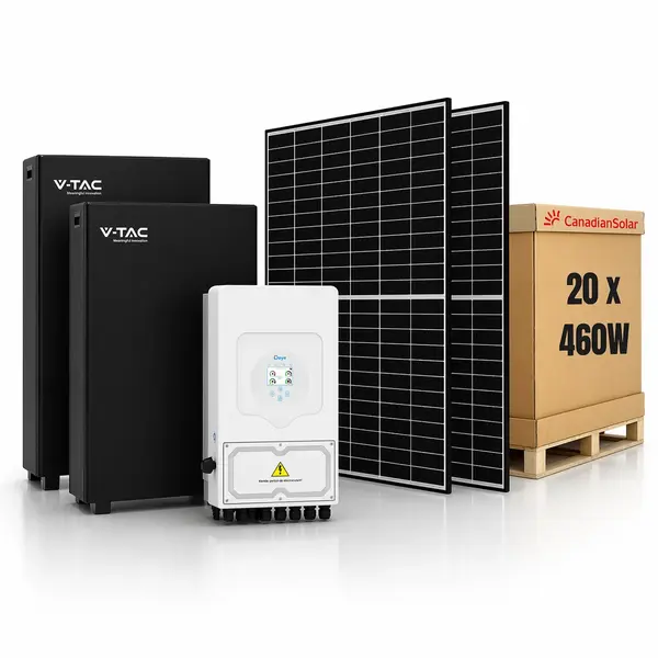 Sistem Fotovoltaic 10kW cu Invertor Hibrid Deye, 9.2kWp Panouri Canadian Solar 460W si Baterie V-TAC 32.14kWh