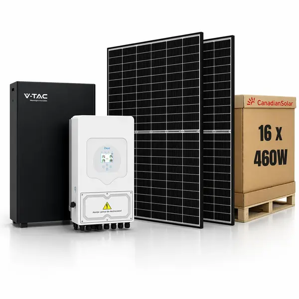 Sistem Fotovoltaic 8kW cu Invertor Hibrid Deye, 7.36kWp Panouri Canadian Solar 460W si Baterie V-TAC 16.07kWh