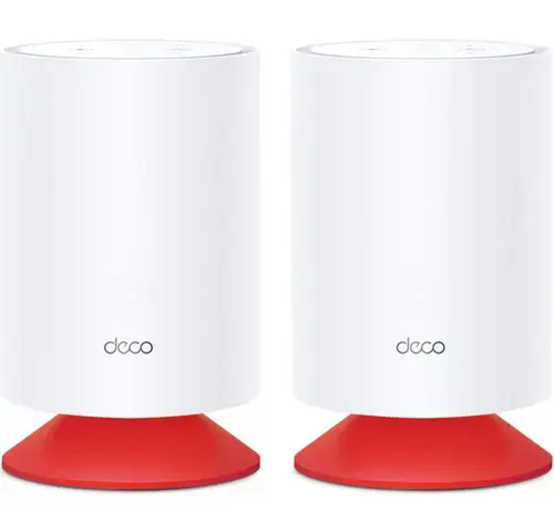 Sistem Mesh TP-Link Deco Voice X20 (2 pack), Dual-Band, Gigabit, Wi-Fi 6, AX1800, cu Speaker Smart încorporat, Beamforming, MU-MIMO, OFDMA, Protectie Real-Time IoT, Control Parental si Sistem Alexa integrat (Alb/Rosu)