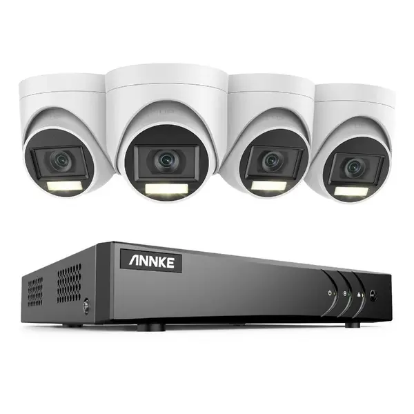 Sistem performant de supraveghere video ANNKE DW81KN+CR1CW*4, DVR 8 canale Hibrid, 4 camere tip Turret interior/exterior 5MP, Ultra HD/2k+, lumina duala IR si alba, vedere nocturna, audio, rezistent la intemperii