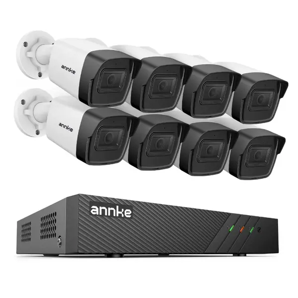 Sistem performant de supraveghere video ANNKE N98PBL+I51DL*8, PoE, NVR 8 canale, 8 camere tip Bullet interior/exterior 5MP, Ultra HD/2k+, vedere nocturna IR, audio, rezistent la intemperii