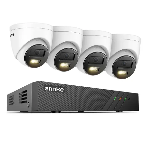 Sistem performant de supraveghere video ANNKE N98PBL+I51EM*4, PoE, NVR 8 canale, 4 camere tip Turret interior/exterior 5MP, Ultra HD/2k+, vedere nocturna IR, audio, rezistent la intemperii
