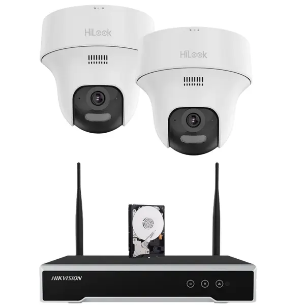Sistem performant de supraveghere Wi-Fi HiLook cu 2 camere rotative, 4 MP 2K, detectare persoane si vehicule, audio bidirectional, vedere nocturna IR 20 m, Hard inclus