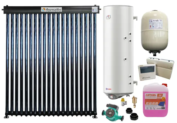 Sistem solar presurizat, panou Fornello 20 Tuburi Heat Pipe, boiler cu 2 serpentine si rezistenta electrica Eldom 150 litri, pompa 25-60, controller, vas expansiune, antigel, supapa 1/2, aerisitor 1/2