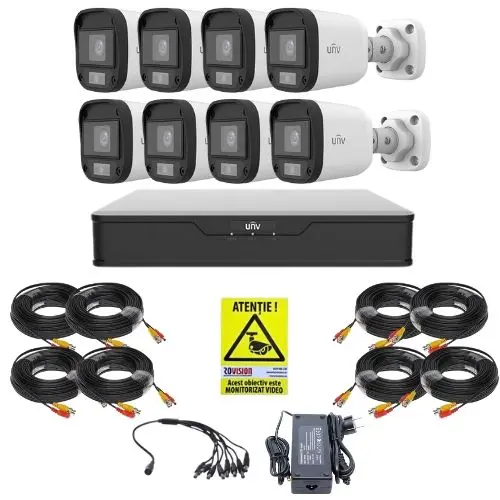 Sistem supraveghere 8 camere Uniview, 5MP, ColorHunter, 5MP 2K+, Lumina Alba 20m, Vedere color pe timp de noapte, DVR 8 canale, Accesorii montaj, Vizualizare de pe telefon