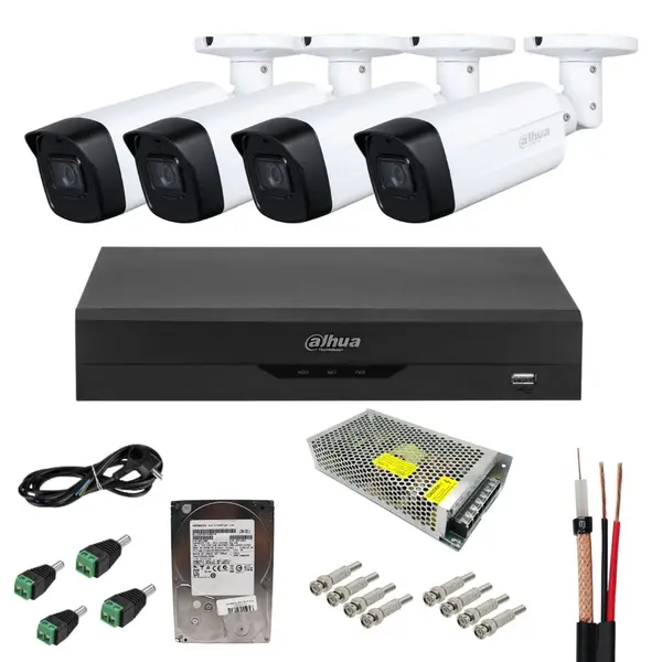 Sistem supraveghere analog Dahua 4 camere 2MP Full HD, IR 80m, SmartIR, cu DVR 4 canale + 6 canale IP, inregistrare 5MP, compresie H.265+, accesorii montaj