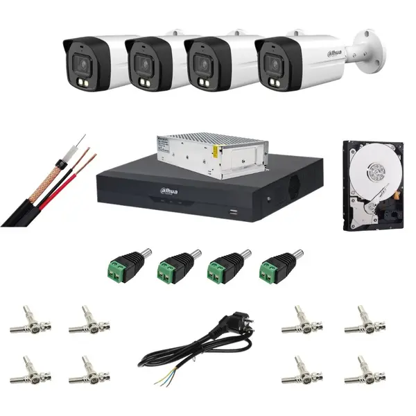 Sistem supraveghere analog, Dahua, 4x camera, 2MP, IR/lumina alba 40 m, lentila 2.8 mm, microfon, DVR max 6 canale IP pana la 6MP, cablu coaxial, 8x conector mufa BNC, sursa alimentare 120W, cablu alimentare retea, 4x mufa TATA, HDD 500GB