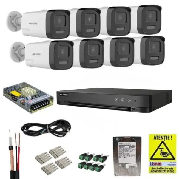 Sistem Supraveghere Analog Hikvision 3K 8 Camere cu Dual Light, Audio Bidirectional, DVR 8 Canale cu Deep Learning, HDD 1TB si Accesorii Montaj