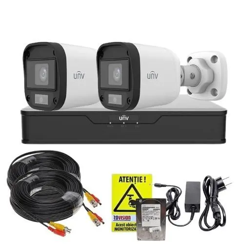 Sistem supraveghere complet 2 camere Uniview, Imagini color noaptea, 5MP 2K+, Lumina Alba 20m, DVR, Accesorii montaj, HDD 500GB