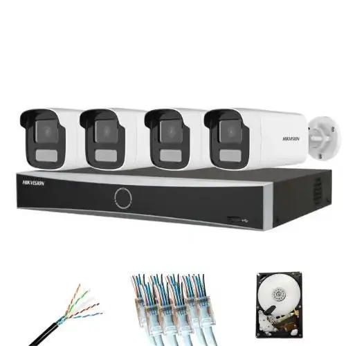 Sistem supraveghere complet 4 camere Hikvision 8MP Smart Dual Light 30m microfon, NVR AcuSense 8 canale, HDD si accesorii instalare incluse