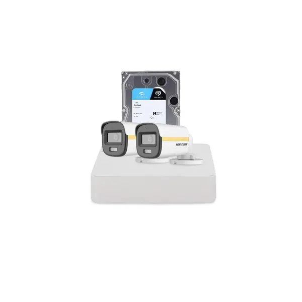 Sistem supraveghere exterior cu HDD 1 TB HikVision, 2 camere, 2 MP, 2.8 mm, IR/Lumina alba 30/20 m, PoC, microfon